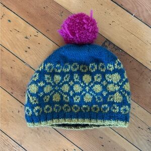 Sundance Blue and Yellow women’s Beanie with Pink Pom